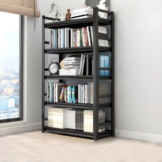 Metal Black Industrial Vertical Bookshelf with open shelves and a sturdy black metal frame, perfect for books and decor.