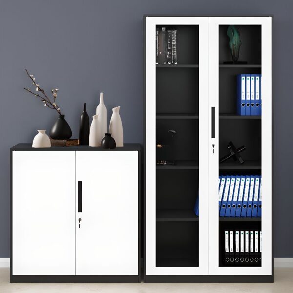 2-Door Steel Glass Display Office Cabinet with sturdy steel frame and clear glass doors for secure storage and display.