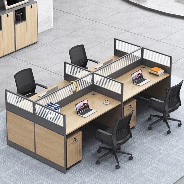 Modern 4-seater executive workstation setup with four ergonomic desks, cable management, and a sleek design for collaborative work environments.