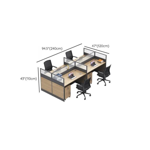 Modern 4-seater executive workstation setup with four ergonomic desks, cable management, and a sleek design for collaborative work environments.