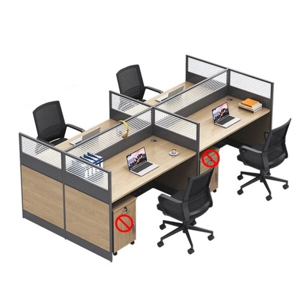 Modern 4-seater executive workstation setup with four ergonomic desks, cable management, and a sleek design for collaborative work environments.