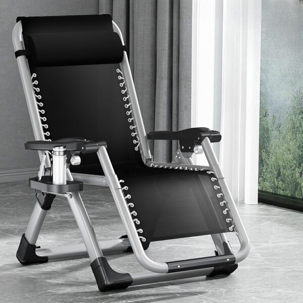 Silver fold-away chair with cushioned seat and scratch-resistant frame, designed for comfort and easy storage.