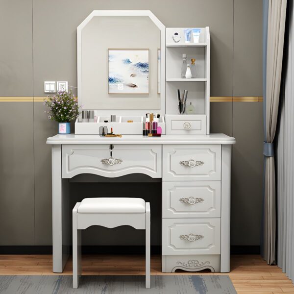 Vanity Standing Wooden Dressing Table with a large mirror, spacious surface, and storage drawers for organizing cosmetics and accessories.