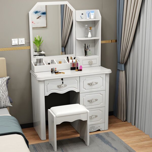 Vanity Standing Wooden Dressing Table with a large mirror, spacious surface, and storage drawers for organizing cosmetics and accessories.