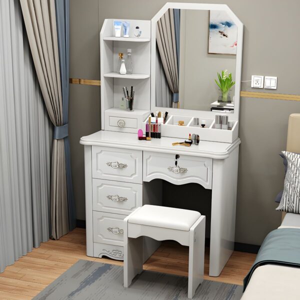 Vanity Standing Wooden Dressing Table with a large mirror, spacious surface, and storage drawers for organizing cosmetics and accessories.