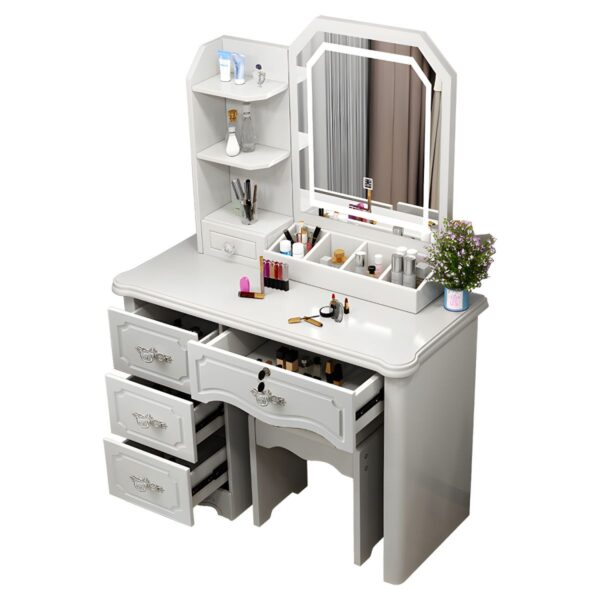 Vanity Standing Wooden Dressing Table with a large mirror, spacious surface, and storage drawers for organizing cosmetics and accessories.