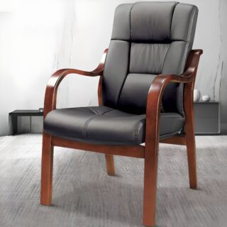 Casual Black Leather Executive Chair with padded seat, ergonomic design, and swivel functionality, ideal for office settings.