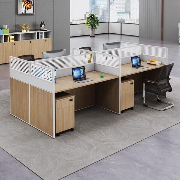 4-Seater Wooden Office Workstation with spacious surface and modern design, ideal for collaborative workspaces.