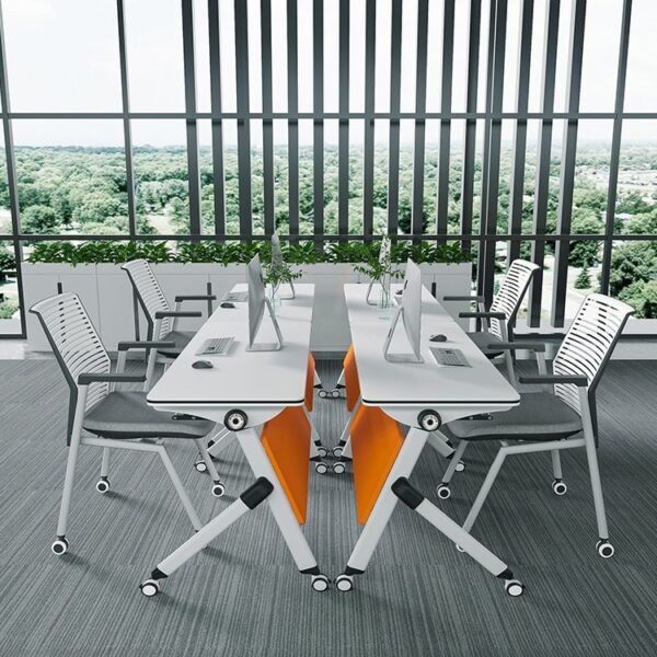 Modern Foldable Table with Casters, designed for easy mobility and space-saving storage, ideal for various settings.