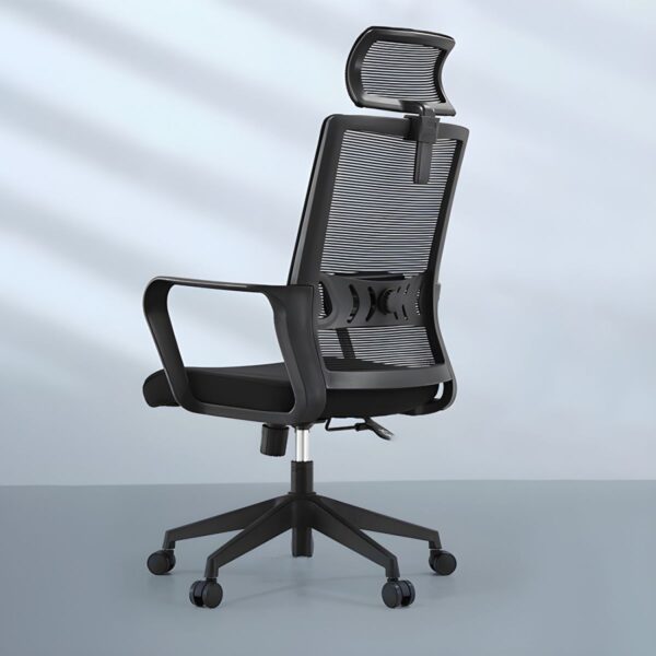 Ergonomic High Back Mesh Office Seat with breathable mesh back, adjustable height and tilt, and comfortable armrests, designed for long hours of work.