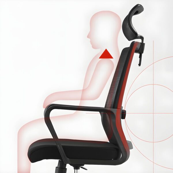 Ergonomic High Back Mesh Office Seat with breathable mesh back, adjustable height and tilt, and comfortable armrests, designed for long hours of work.