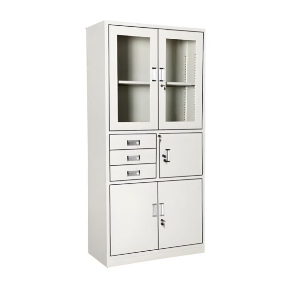 Metallic 2-Door Storage Cabinet with Safe, designed with secure storage and a modern metallic finish, ideal for home or office spaces.