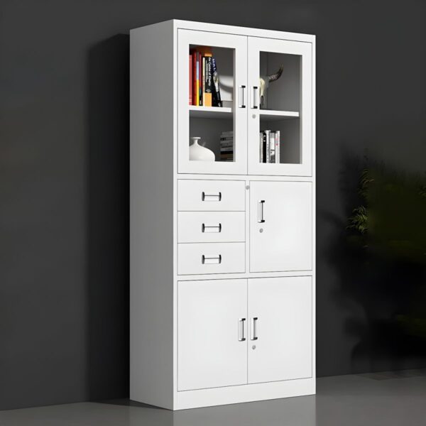 Metallic 2-Door Storage Cabinet with Safe, designed with secure storage and a modern metallic finish, ideal for home or office spaces.