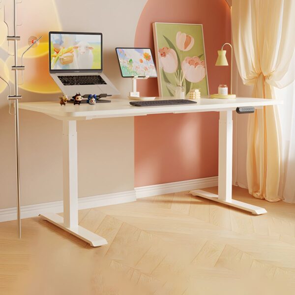 A 140cm Modern Electric Writing Desk with an adjustable height mechanism, sleek steel frame, and wood veneer tabletop.