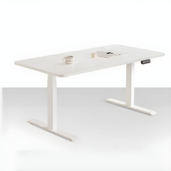 A 140cm Modern Electric Writing Desk with an adjustable height mechanism, sleek steel frame, and wood veneer tabletop.