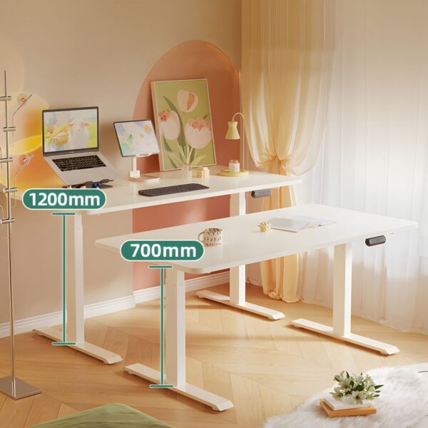 A 140cm Modern Electric Writing Desk with an adjustable height mechanism, sleek steel frame, and wood veneer tabletop.