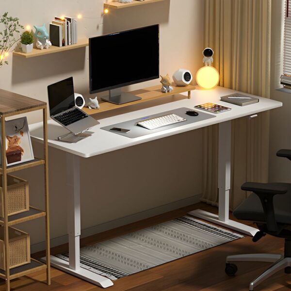 140cm Converter Wood Electric Office Desk with height-adjustable motor, T-shape design, and spacious wood surface, ideal for home and office use.