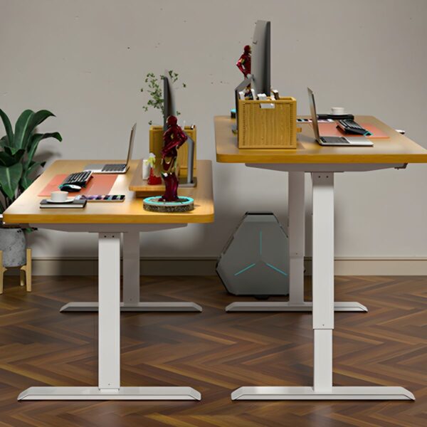 140cm Converter Wood Electric Office Desk with height-adjustable motor, T-shape design, and spacious wood surface, ideal for home and office use.