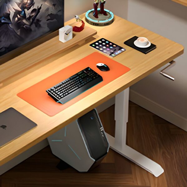 140cm Converter Wood Electric Office Desk with height-adjustable motor, T-shape design, and spacious wood surface, ideal for home and office use.