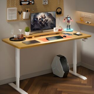 140cm Converter Wood Electric Office Desk with height-adjustable motor, T-shape design, and spacious wood surface, ideal for home and office use.