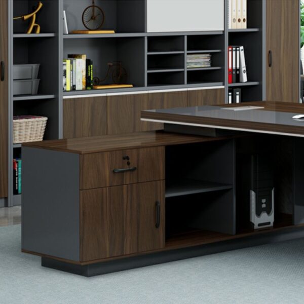 180cm L-Shape Pedestal Executive Desk with ample workspace and side storage drawers, featuring a modern brown finish.