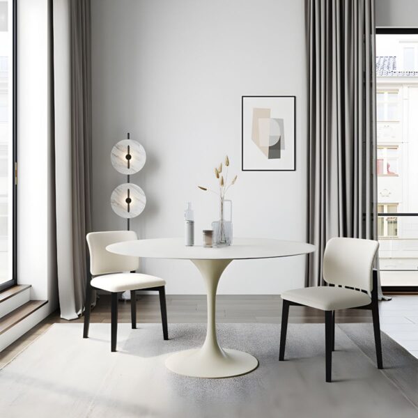 Marble Circular Tulip Dining Office Table with a sleek marble top and minimalist tulip pedestal base.