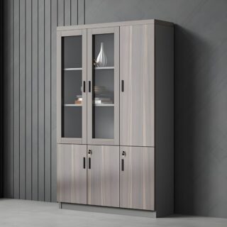 3-Door Wooden Filing Office Cabinet with adjustable shelves for organized storage and a sleek wood finish.