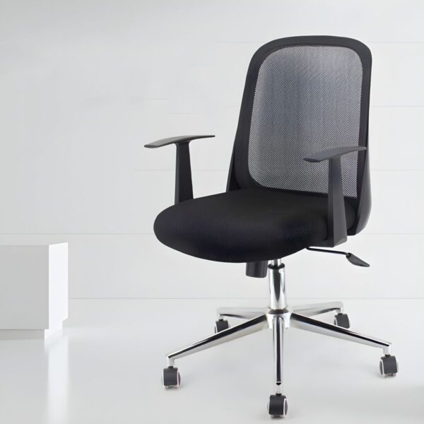 Office Mesh Shell Back Chair with ergonomic design, breathable mesh back, and fixed arms, offering comfort and support for long hours.