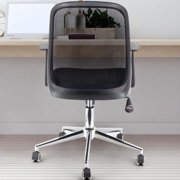 Office Mesh Shell Back Chair with ergonomic design, breathable mesh back, and fixed arms, offering comfort and support for long hours.