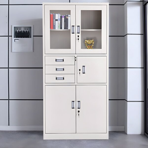 Office 2-Door Cabinet with Safe featuring durable metal construction, adjustable shelves, and a secure built-in safe for storing important documents and valuables.