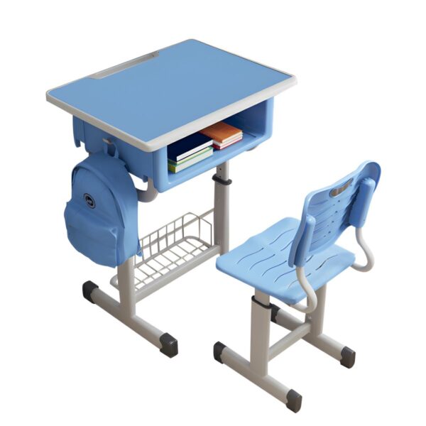 "Adjustable Kid's Desk & Chair Set with ergonomic design, vibrant colors, and spacious desk surface for homework and crafts."