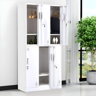 "6-locker steel office cabinet with individual locks for secure storage of office supplies, documents, and personal items."