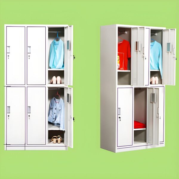 "6-locker steel office cabinet with individual locks for secure storage of office supplies, documents, and personal items."