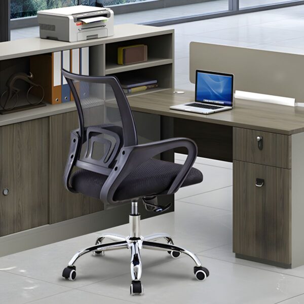 Secretarial Mesh Office Chair with adjustable height, breathable mesh back, and smooth swivel, ideal for office use.