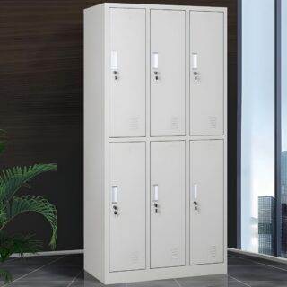 6-Locker Steel Office Cabinet with six hinged doors and secure locking mechanisms, designed for organizing personal belongings and office supplies.