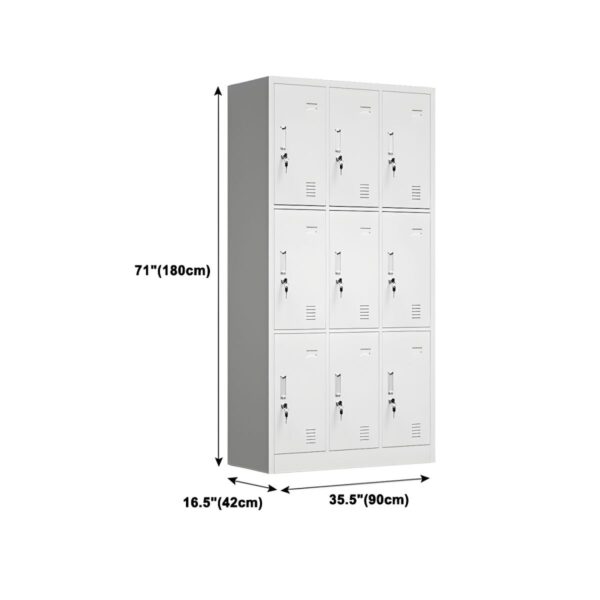 Office 9-Locker Steel Cabinet with secure locking mechanisms, ideal for organizing personal items in professional or shared spaces.