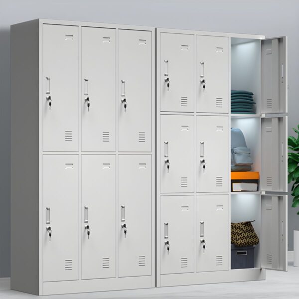 Office 9-Locker Steel Cabinet with secure locking mechanisms, ideal for organizing personal items in professional or shared spaces.