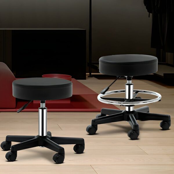 Office Leather Round Stool with sleek black leather upholstery and a sturdy base, offering stylish and comfortable seating for any modern office or home space.