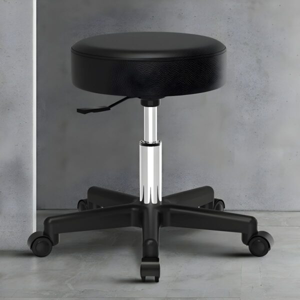 Office Leather Round Stool with sleek black leather upholstery and a sturdy base, offering stylish and comfortable seating for any modern office or home space.