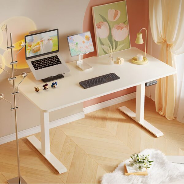 A 140cm Modern Electric Writing Desk with an adjustable height mechanism, sleek steel frame, and wood veneer tabletop.