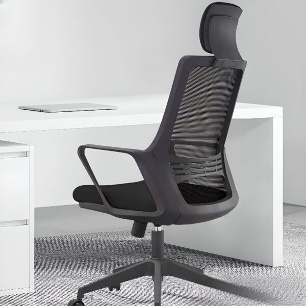 Ergonomic Mesh Upholstered Office Seat with adjustable height and lumbar support, designed for comfort and posture.