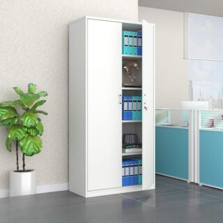 Office 2-Door Storage Cabinet with adjustable shelves, locking doors, and sleek design, providing secure and organized storage for office supplies and documents.