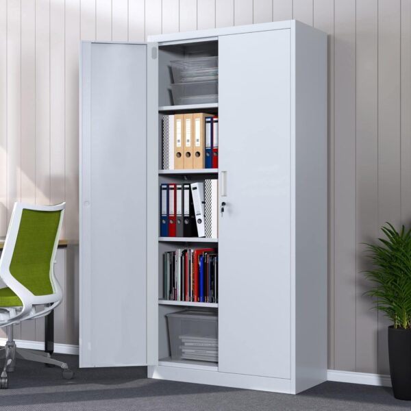 2-Door Lockable Metal Office Cabinet with adjustable shelves, providing secure storage for documents, office supplies, and personal items.