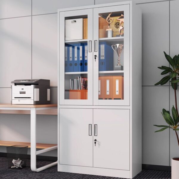 A 2-door executive office cabinet with a polished wood finish, offering ample storage space for office essentials and a sleek, professional look.