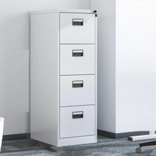 Office Steel 4-Drawer Cabinet with locking mechanism, sleek design, and ample storage space for organizing files and documents in a professional setting.