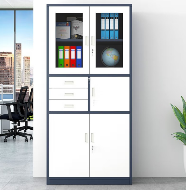 2-Door Storage Office Cabinet with Safe, featuring ample storage space and a secure locking mechanism for valuables.