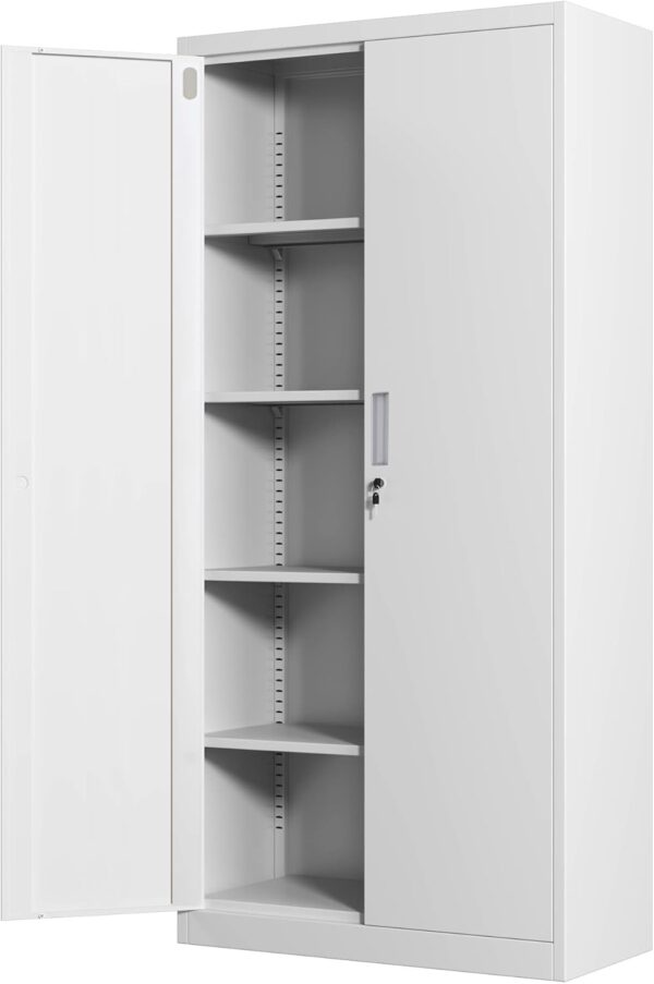 2-Door Lockable Metal Office Cabinet with adjustable shelves, providing secure storage for documents, office supplies, and personal items.