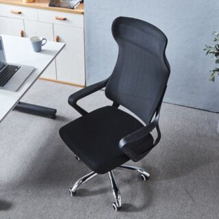 Ergonomic Mesh Midnight Black Chair with breathable mesh back, adjustable armrests, and sleek modern design for comfort and support.