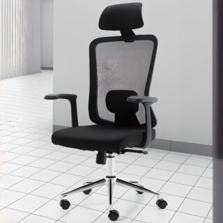 Office Ergonomic Mesh Chair with breathable mesh back, adjustable armrests, seat height, and tilt, designed for comfort and support during long work hours.