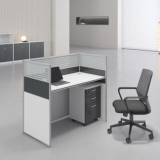 One Way Office Workstation with ergonomic chair, partition wall, and integrated storage, designed for privacy and productivity in modern office spaces.